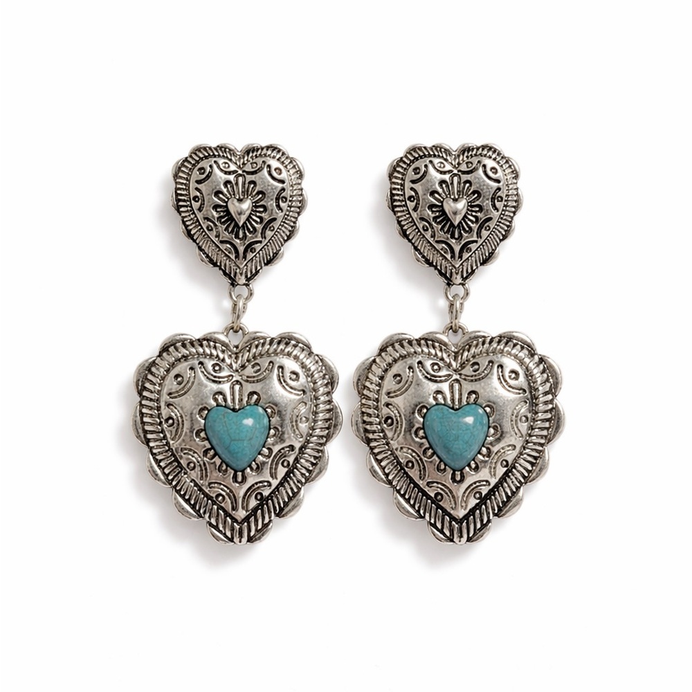 Western Silver and Turquoise Heart Drop Earrings